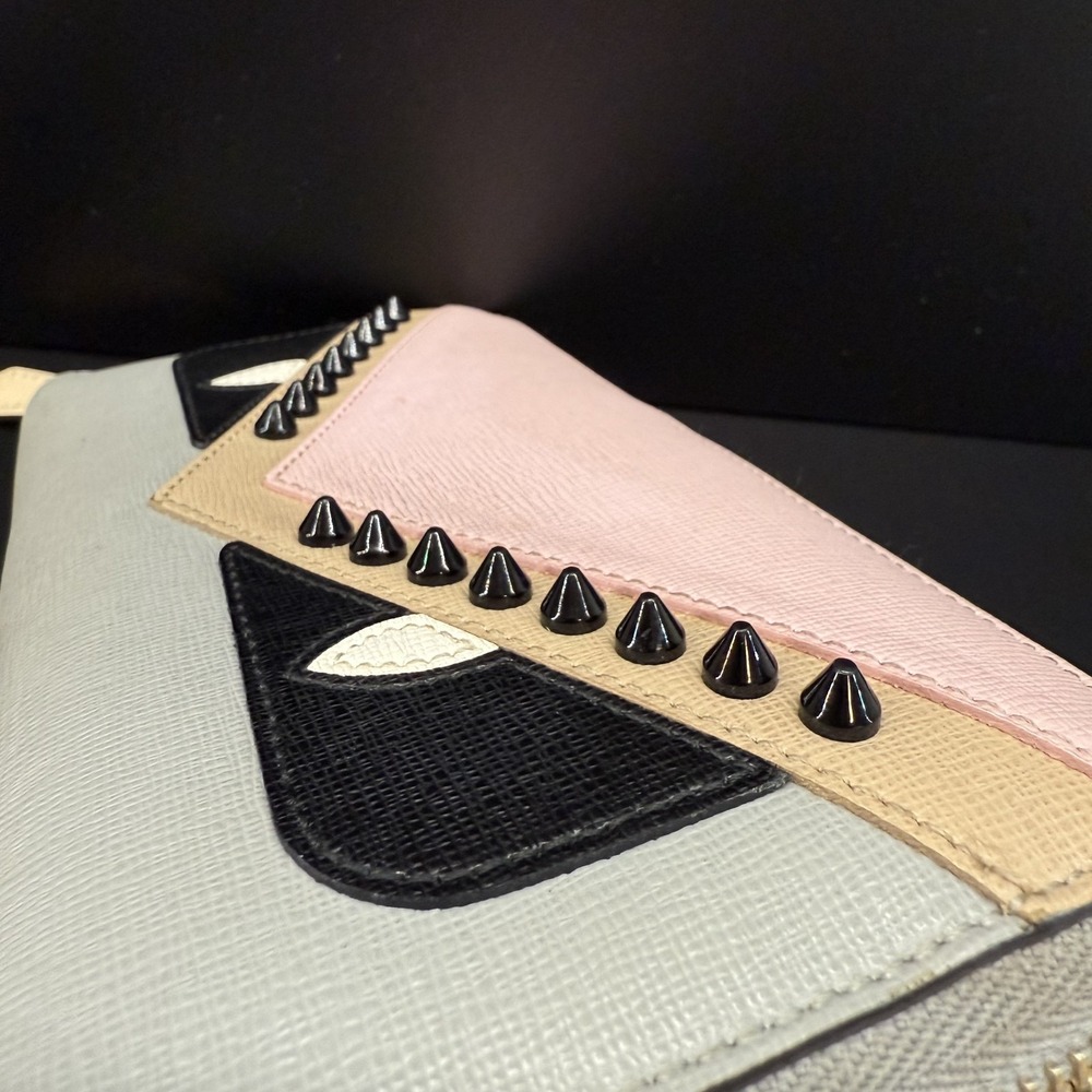 Fendi Monster Zip Around Long Wallet Pink Grey Studs 8M0299 Box Papers - Picture 14 of 15